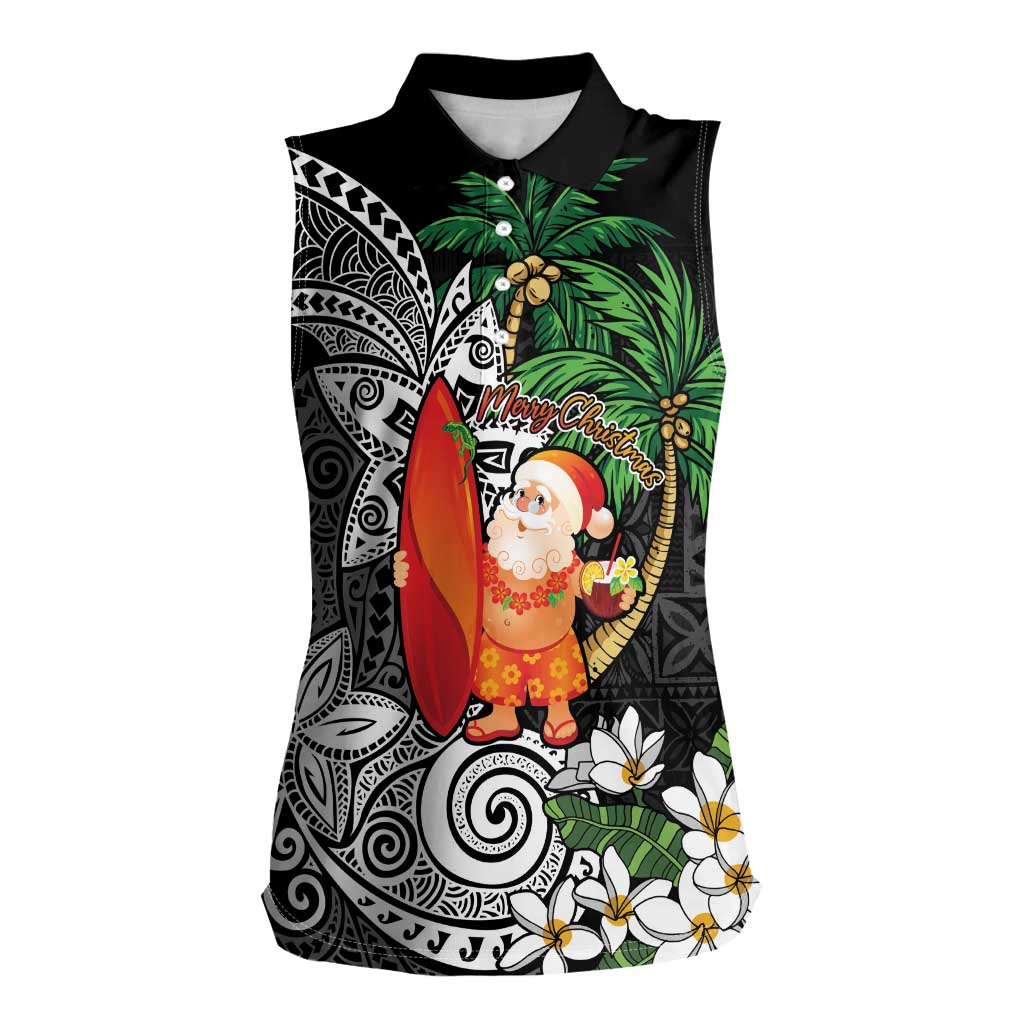 Polynesian Women Sleeveless Polo Shirt Tropical Santa - Plumeria Black Vintage LT7 Female Black - Polynesian Pride