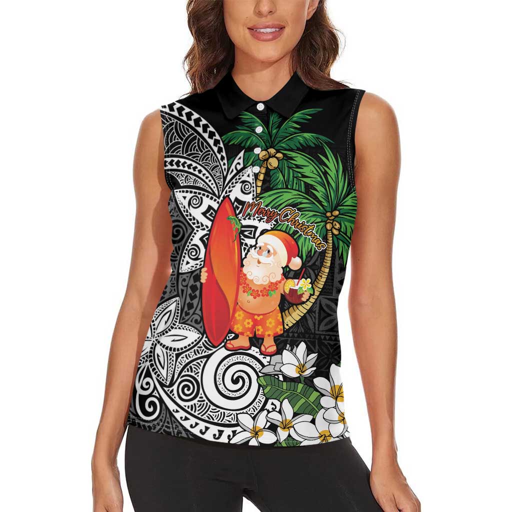 Polynesian Women Sleeveless Polo Shirt Tropical Santa - Plumeria Black Vintage LT7 - Polynesian Pride