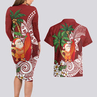 Polynesian Couples Matching Long Sleeve Bodycon Dress and Hawaiian Shirt Tropical Santa - Plumeria Red Vintage LT7 - Polynesian Pride