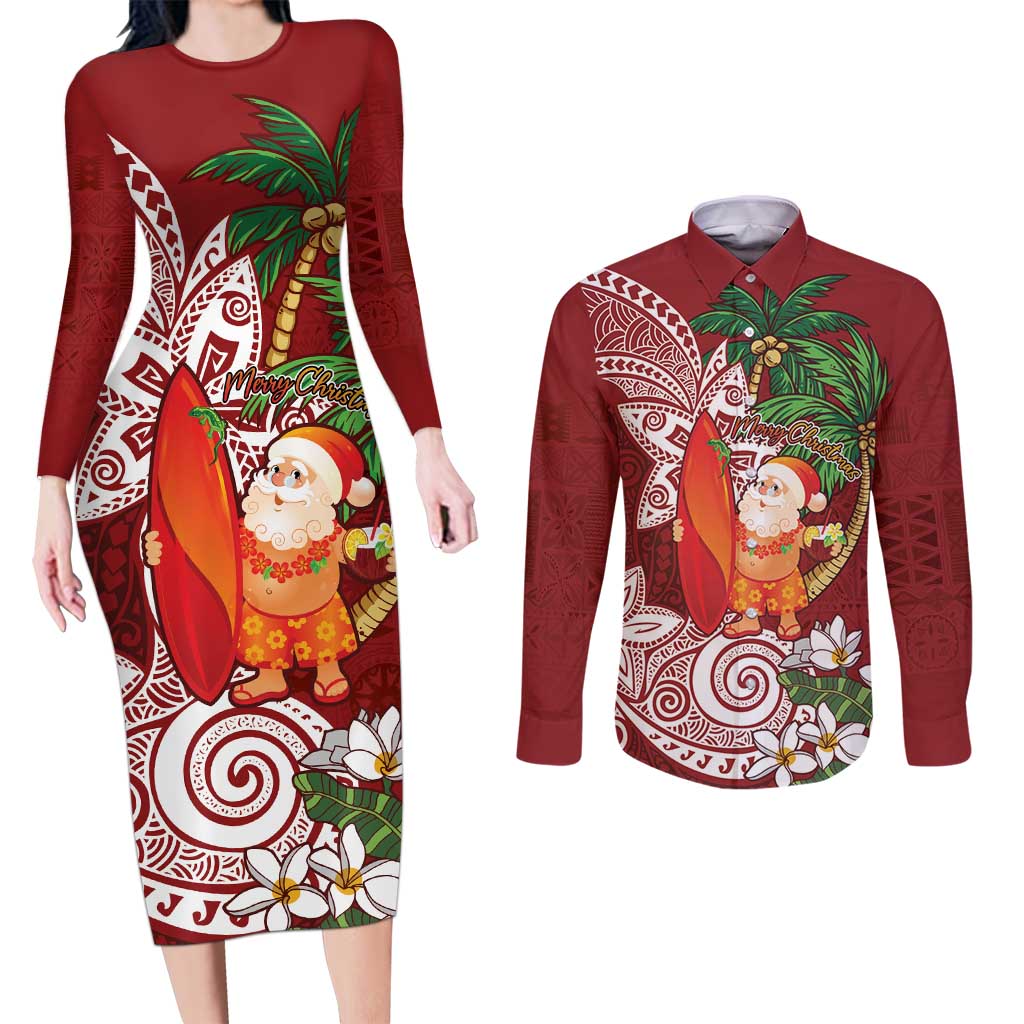 Polynesian Couples Matching Long Sleeve Bodycon Dress and Long Sleeve Button Shirt Tropical Santa - Plumeria Red Vintage LT7 Red - Polynesian Pride