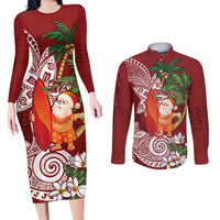 Polynesian Couples Matching Long Sleeve Bodycon Dress and Long Sleeve Button Shirt Tropical Santa - Plumeria Red Vintage LT7 Red - Polynesian Pride