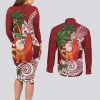Polynesian Couples Matching Long Sleeve Bodycon Dress and Long Sleeve Button Shirt Tropical Santa - Plumeria Red Vintage LT7 - Polynesian Pride