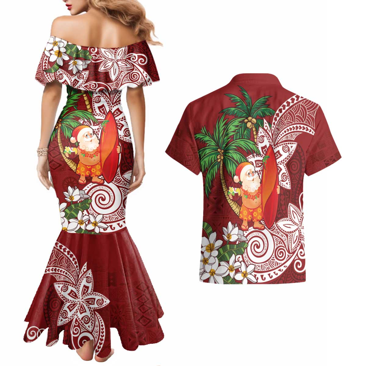 Polynesian Couples Matching Mermaid Dress and Hawaiian Shirt Tropical Santa - Plumeria Red Vintage LT7 - Polynesian Pride