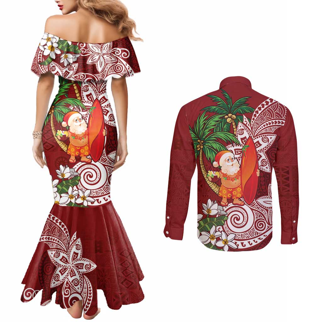 Polynesian Couples Matching Mermaid Dress and Long Sleeve Button Shirt Tropical Santa - Plumeria Red Vintage LT7 - Polynesian Pride