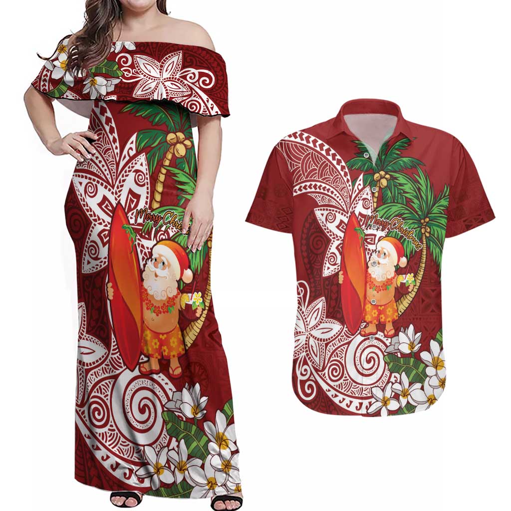 Polynesian Couples Matching Off Shoulder Maxi Dress and Hawaiian Shirt Tropical Santa - Plumeria Red Vintage LT7 Red - Polynesian Pride