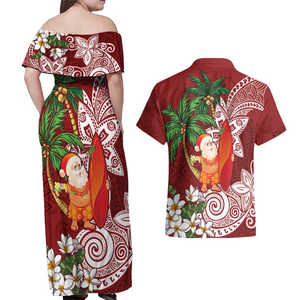 Polynesian Couples Matching Off Shoulder Maxi Dress and Hawaiian Shirt Tropical Santa - Plumeria Red Vintage LT7 - Polynesian Pride