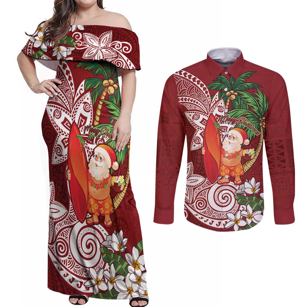 Polynesian Couples Matching Off Shoulder Maxi Dress and Long Sleeve Button Shirt Tropical Santa - Plumeria Red Vintage LT7 Red - Polynesian Pride