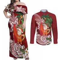 Polynesian Couples Matching Off Shoulder Maxi Dress and Long Sleeve Button Shirt Tropical Santa - Plumeria Red Vintage LT7 Red - Polynesian Pride