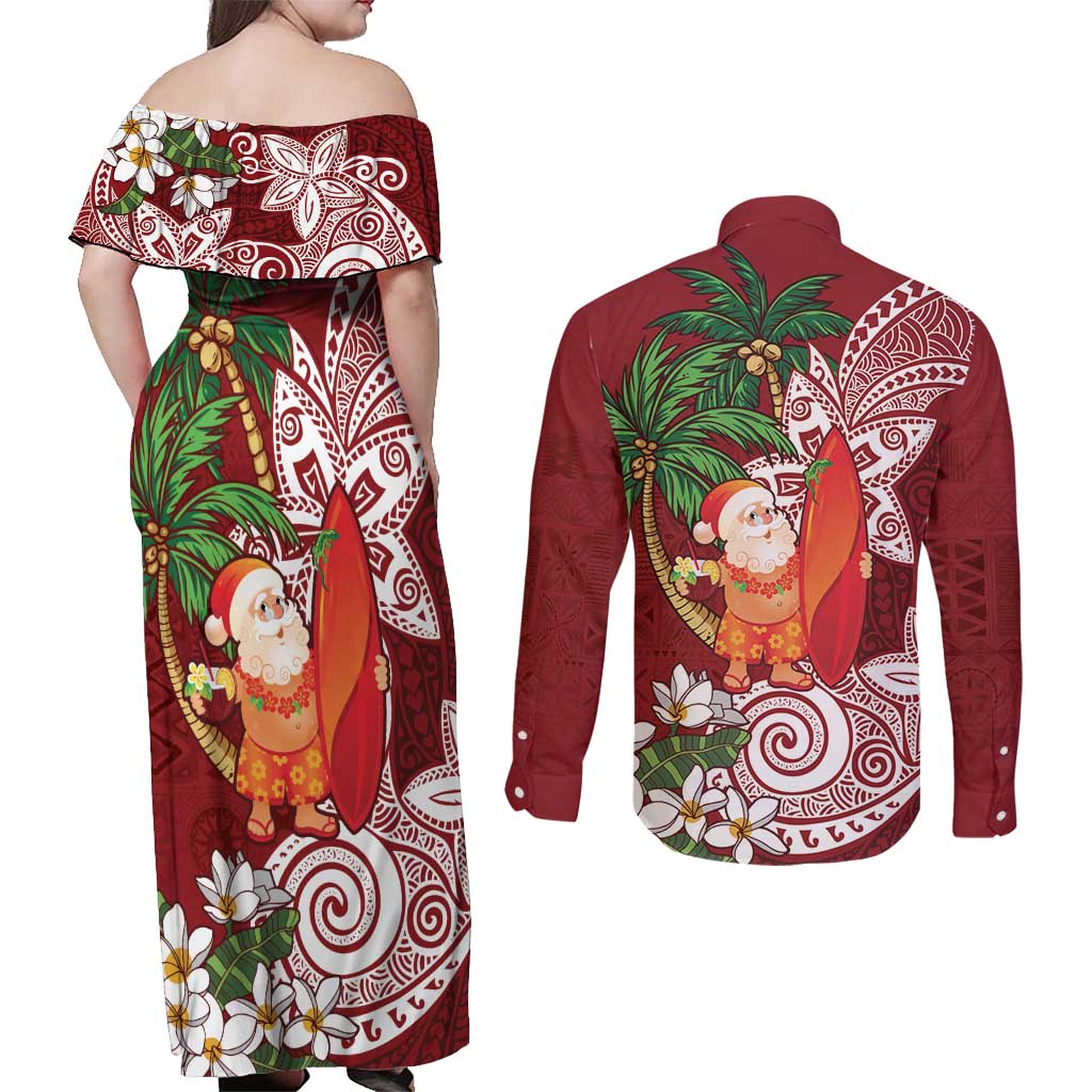 Polynesian Couples Matching Off Shoulder Maxi Dress and Long Sleeve Button Shirt Tropical Santa - Plumeria Red Vintage LT7 - Polynesian Pride