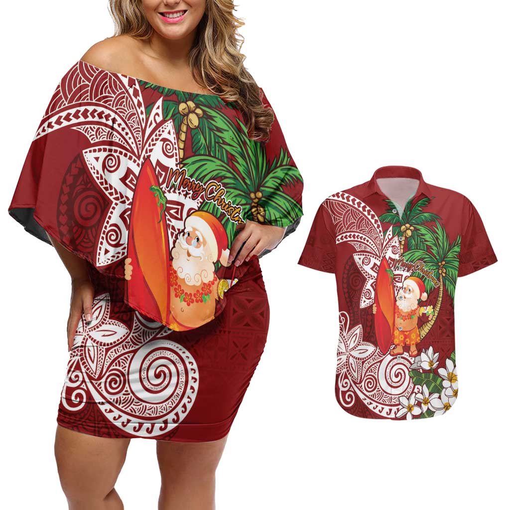 Polynesian Couples Matching Off Shoulder Short Dress and Hawaiian Shirt Tropical Santa - Plumeria Red Vintage LT7 Red - Polynesian Pride