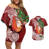 Polynesian Couples Matching Off Shoulder Short Dress and Hawaiian Shirt Tropical Santa - Plumeria Red Vintage LT7 Red - Polynesian Pride