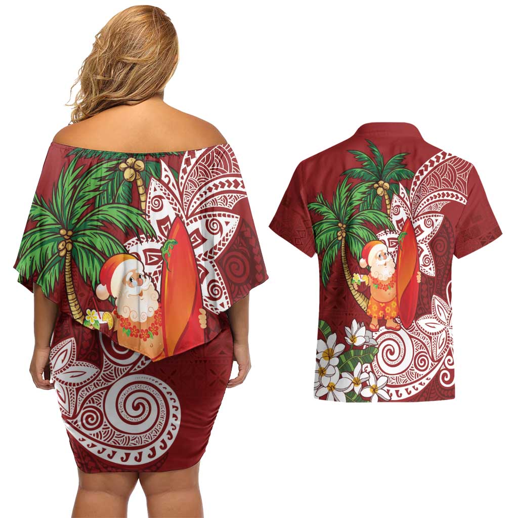 Polynesian Couples Matching Off Shoulder Short Dress and Hawaiian Shirt Tropical Santa - Plumeria Red Vintage LT7 - Polynesian Pride