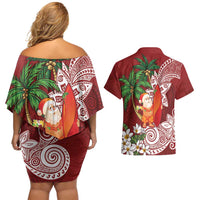 Polynesian Couples Matching Off Shoulder Short Dress and Hawaiian Shirt Tropical Santa - Plumeria Red Vintage LT7 - Polynesian Pride