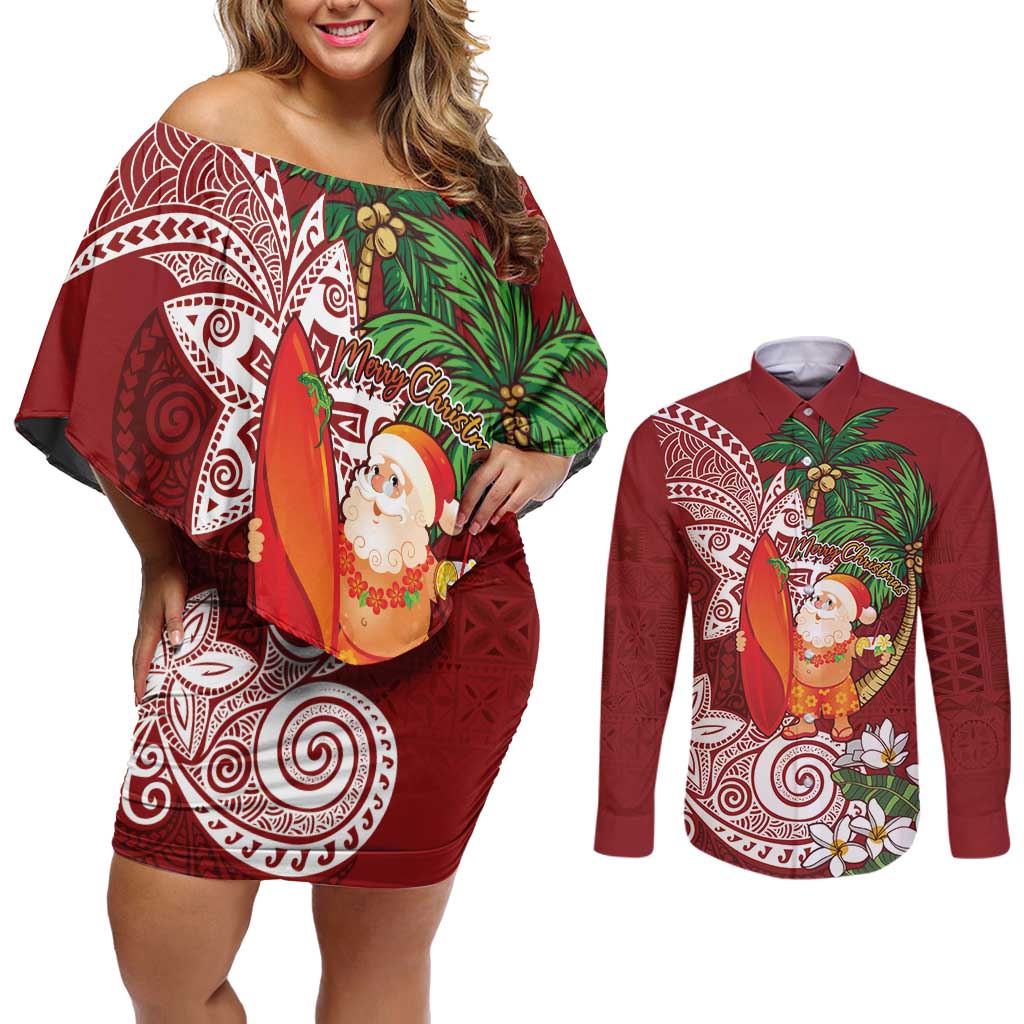 Polynesian Couples Matching Off Shoulder Short Dress and Long Sleeve Button Shirt Tropical Santa - Plumeria Red Vintage LT7 Red - Polynesian Pride