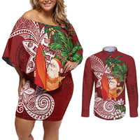 Polynesian Couples Matching Off Shoulder Short Dress and Long Sleeve Button Shirt Tropical Santa - Plumeria Red Vintage LT7 Red - Polynesian Pride