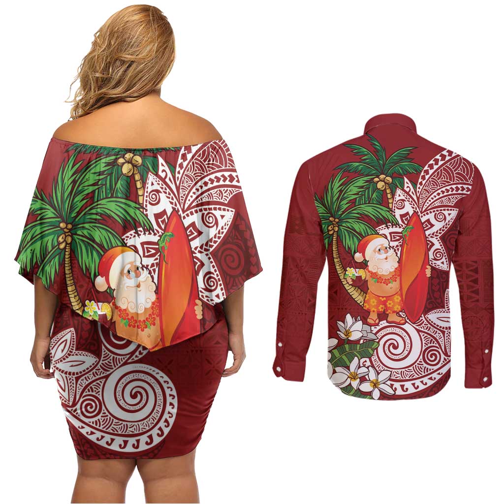 Polynesian Couples Matching Off Shoulder Short Dress and Long Sleeve Button Shirt Tropical Santa - Plumeria Red Vintage LT7 - Polynesian Pride