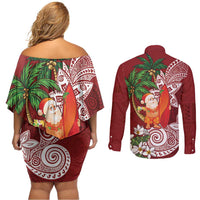 Polynesian Couples Matching Off Shoulder Short Dress and Long Sleeve Button Shirt Tropical Santa - Plumeria Red Vintage LT7 - Polynesian Pride