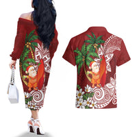 Polynesian Couples Matching Off The Shoulder Long Sleeve Dress and Hawaiian Shirt Tropical Santa - Plumeria Red Vintage LT7 - Polynesian Pride