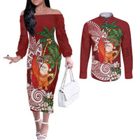 Polynesian Couples Matching Off The Shoulder Long Sleeve Dress and Long Sleeve Button Shirt Tropical Santa - Plumeria Red Vintage LT7 Red - Polynesian Pride