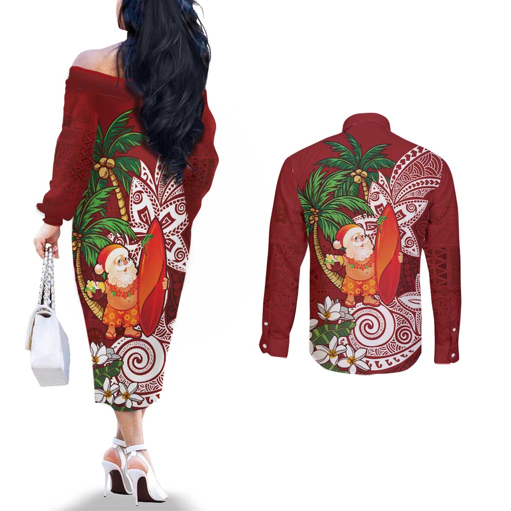 Polynesian Couples Matching Off The Shoulder Long Sleeve Dress and Long Sleeve Button Shirt Tropical Santa - Plumeria Red Vintage LT7 - Polynesian Pride