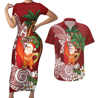 Polynesian Couples Matching Short Sleeve Bodycon Dress and Hawaiian Shirt Tropical Santa - Plumeria Red Vintage LT7 Red - Polynesian Pride