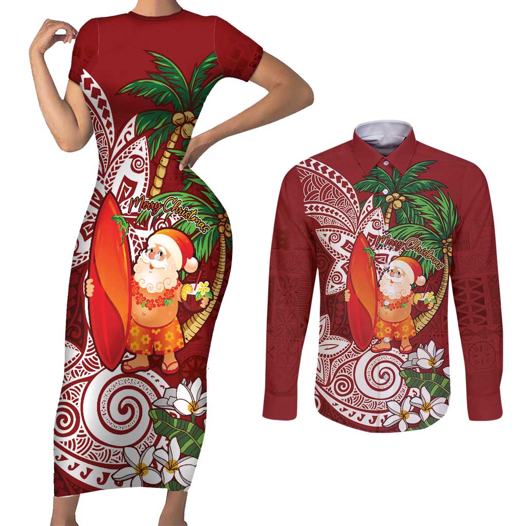 Polynesian Couples Matching Short Sleeve Bodycon Dress and Long Sleeve Button Shirt Tropical Santa - Plumeria Red Vintage LT7 Red - Polynesian Pride