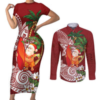 Polynesian Couples Matching Short Sleeve Bodycon Dress and Long Sleeve Button Shirt Tropical Santa - Plumeria Red Vintage LT7 Red - Polynesian Pride