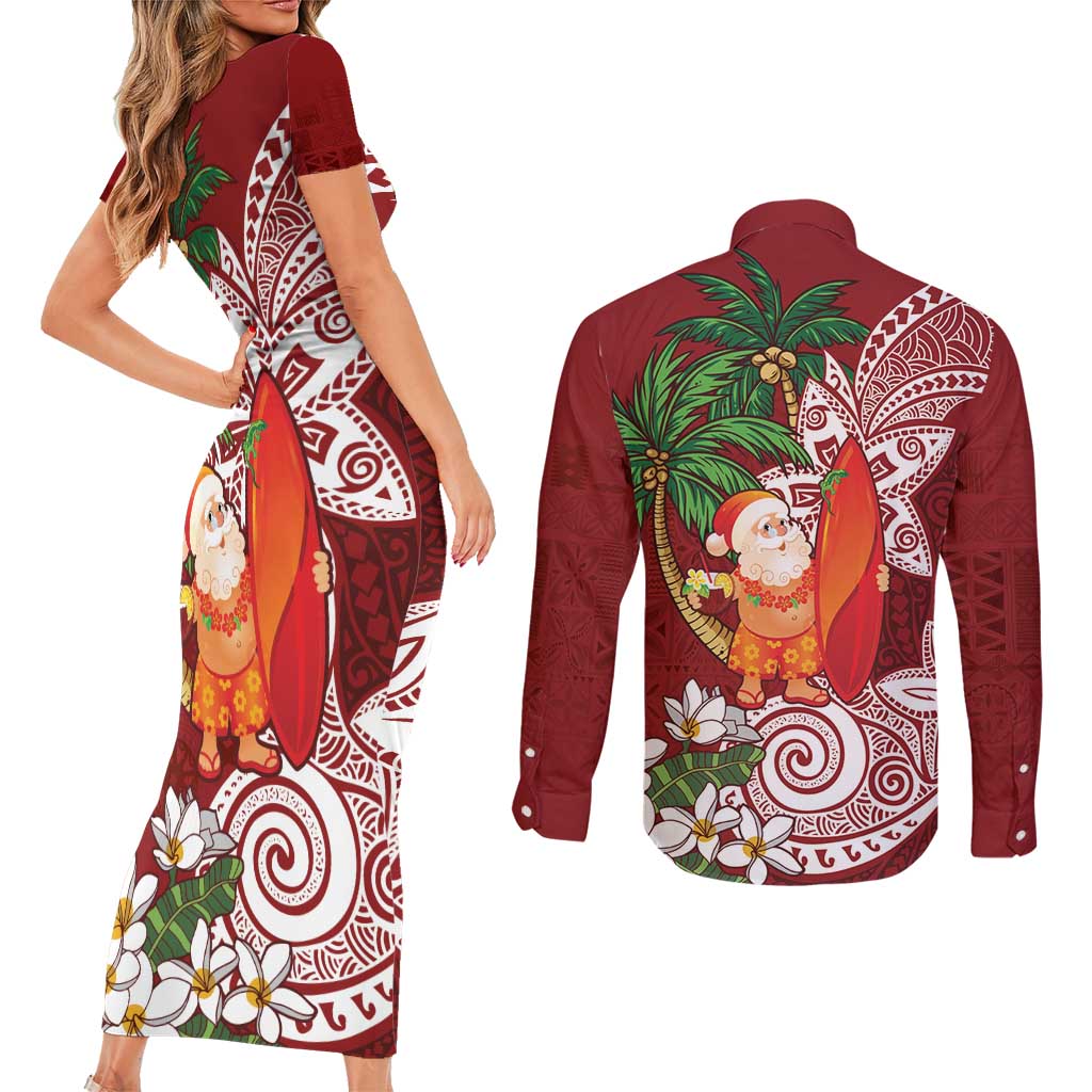 Polynesian Couples Matching Short Sleeve Bodycon Dress and Long Sleeve Button Shirt Tropical Santa - Plumeria Red Vintage LT7 - Polynesian Pride