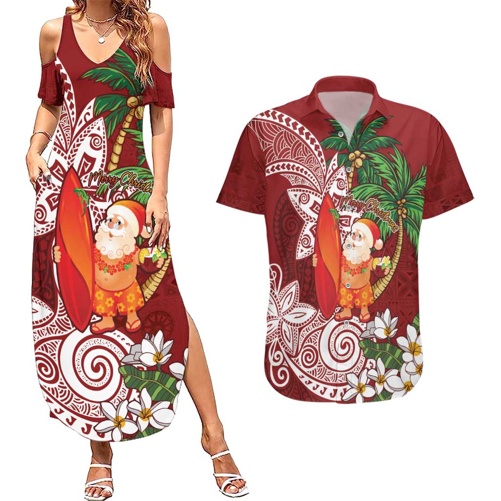 Polynesian Couples Matching Summer Maxi Dress and Hawaiian Shirt Tropical Santa - Plumeria Red Vintage LT7 Red - Polynesian Pride