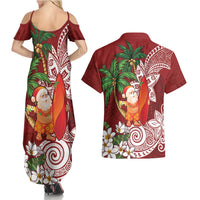 Polynesian Couples Matching Summer Maxi Dress and Hawaiian Shirt Tropical Santa - Plumeria Red Vintage LT7 - Polynesian Pride