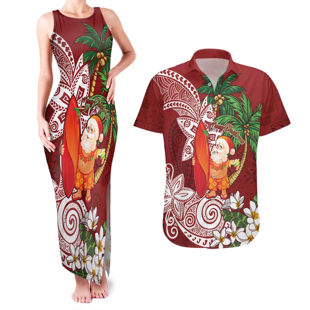Polynesian Couples Matching Tank Maxi Dress and Hawaiian Shirt Tropical Santa - Plumeria Red Vintage LT7 Red - Polynesian Pride