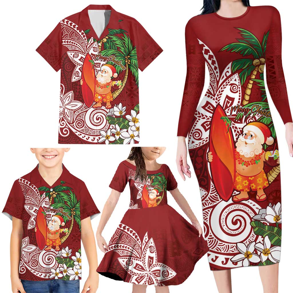 Polynesian Family Matching Long Sleeve Bodycon Dress and Hawaiian Shirt Tropical Santa - Plumeria Red Vintage LT7 - Polynesian Pride