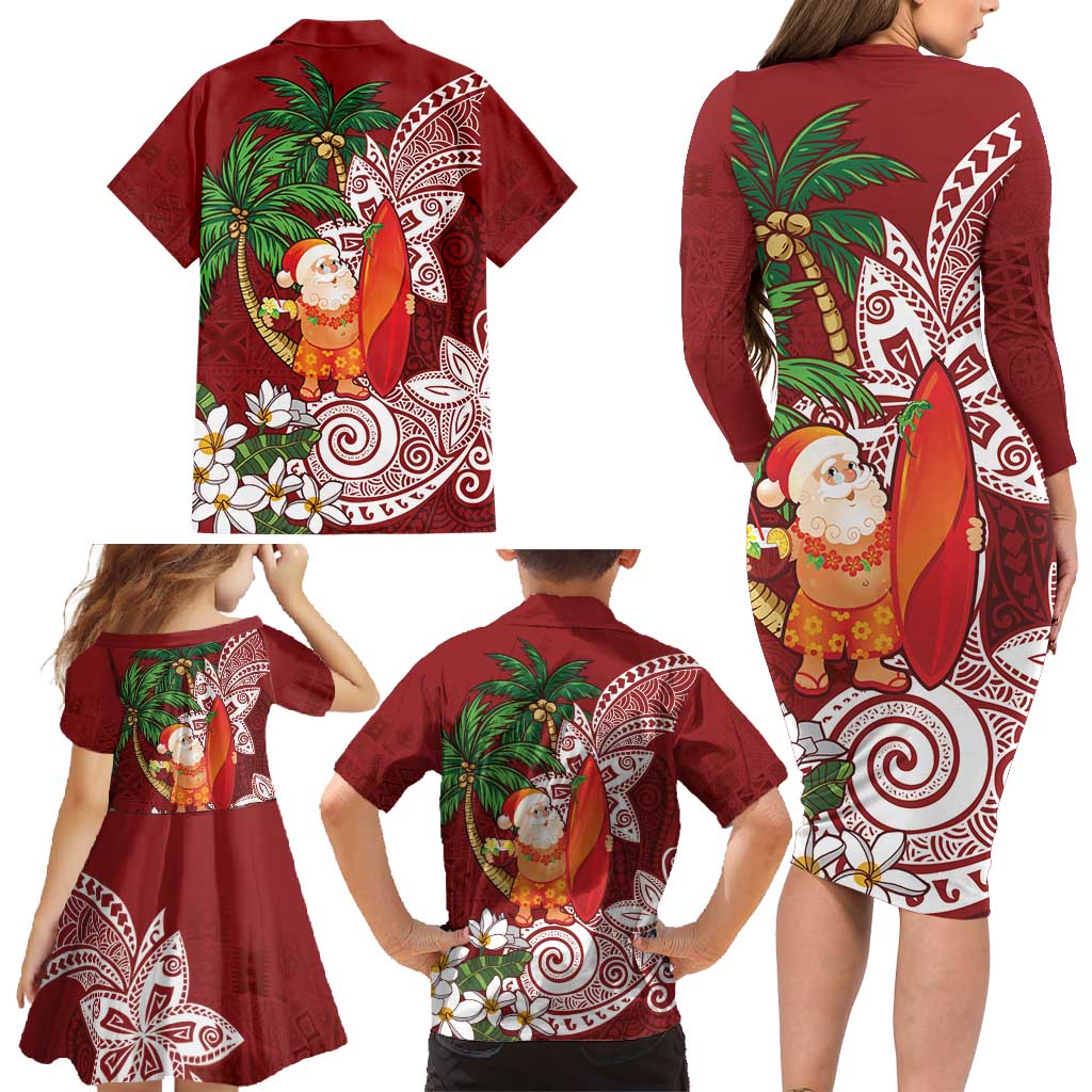 Polynesian Family Matching Long Sleeve Bodycon Dress and Hawaiian Shirt Tropical Santa - Plumeria Red Vintage LT7 - Polynesian Pride