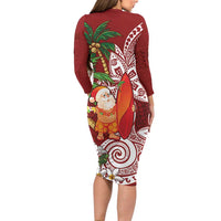 Polynesian Family Matching Long Sleeve Bodycon Dress and Hawaiian Shirt Tropical Santa - Plumeria Red Vintage LT7 - Polynesian Pride