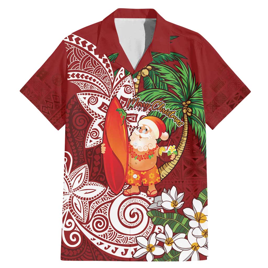 Polynesian Family Matching Mermaid Dress and Hawaiian Shirt Tropical Santa - Plumeria Red Vintage LT7 Dad's Shirt - Short Sleeve Red - Polynesian Pride