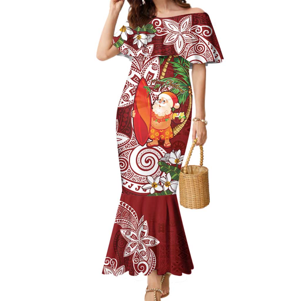 Polynesian Family Matching Mermaid Dress and Hawaiian Shirt Tropical Santa - Plumeria Red Vintage LT7 Mom's Dress Red - Polynesian Pride