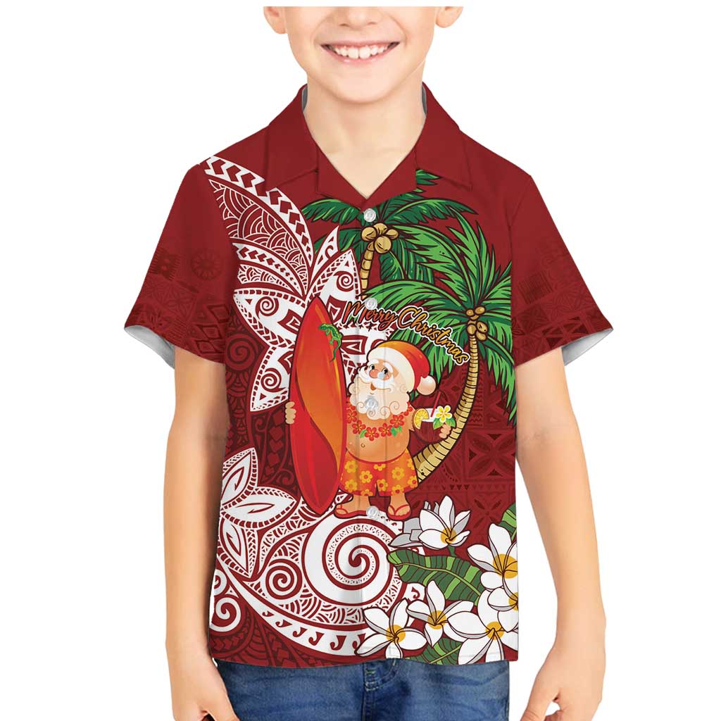 Polynesian Family Matching Mermaid Dress and Hawaiian Shirt Tropical Santa - Plumeria Red Vintage LT7 Son's Shirt Red - Polynesian Pride
