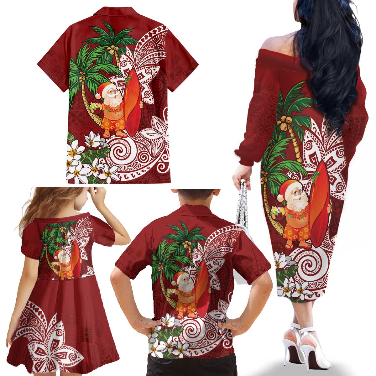 Polynesian Family Matching Off The Shoulder Long Sleeve Dress and Hawaiian Shirt Tropical Santa - Plumeria Red Vintage LT7 - Polynesian Pride