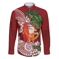 Polynesian Family Matching Off The Shoulder Long Sleeve Dress and Hawaiian Shirt Tropical Santa - Plumeria Red Vintage LT7 Dad's Shirt - Long Sleeve Red - Polynesian Pride