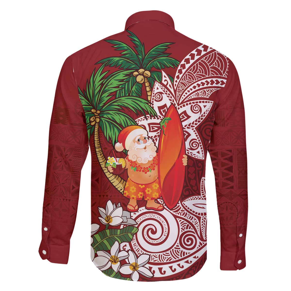 Polynesian Family Matching Off The Shoulder Long Sleeve Dress and Hawaiian Shirt Tropical Santa - Plumeria Red Vintage LT7 - Polynesian Pride