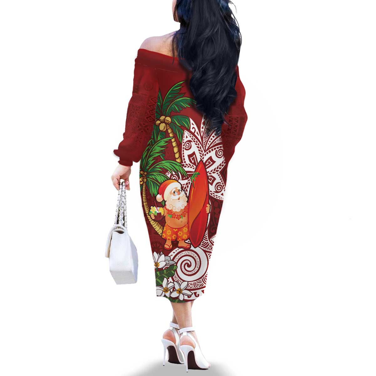 Polynesian Family Matching Off The Shoulder Long Sleeve Dress and Hawaiian Shirt Tropical Santa - Plumeria Red Vintage LT7 - Polynesian Pride
