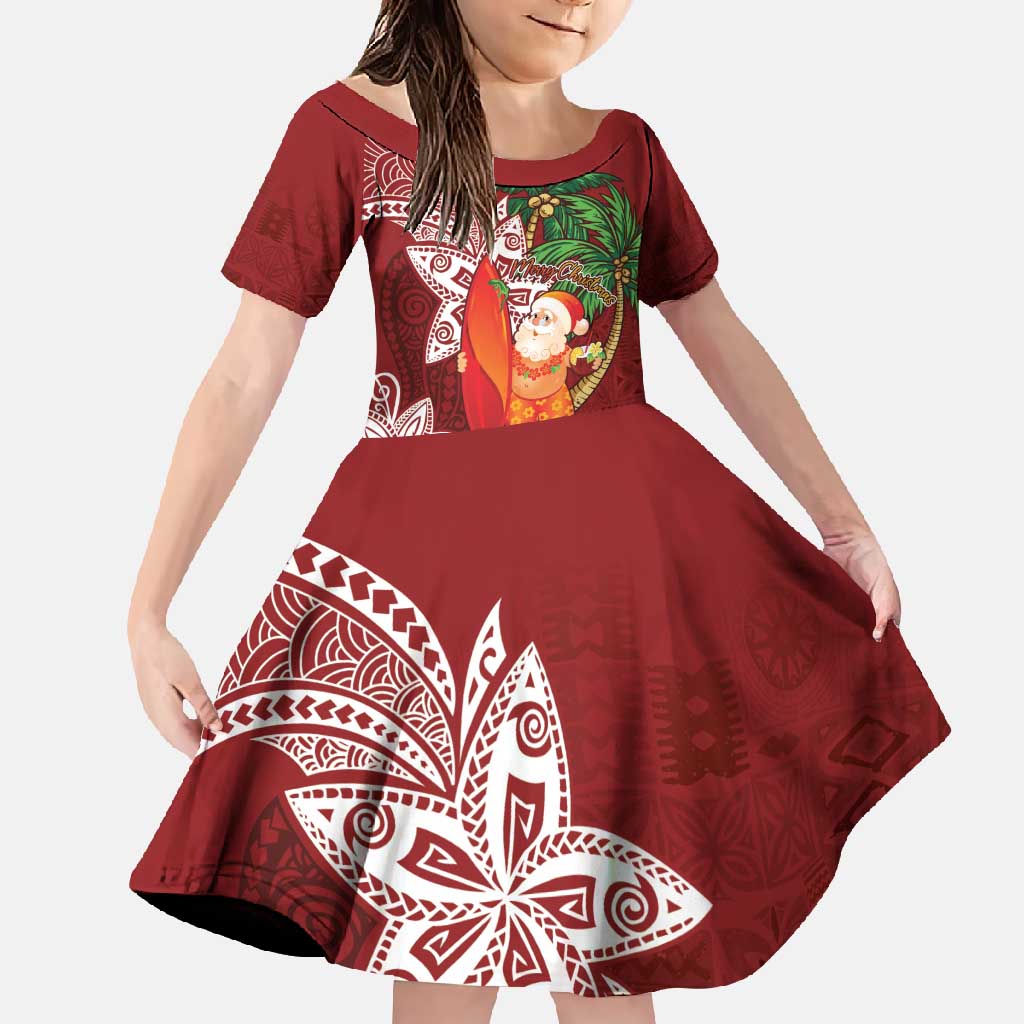 Polynesian Family Matching Off Shoulder Maxi Dress and Hawaiian Shirt Tropical Santa - Plumeria Red Vintage LT7 Daughter's Dress Red - Polynesian Pride