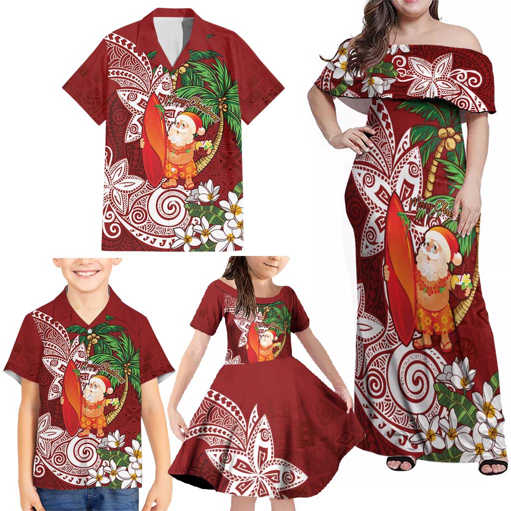 Polynesian Family Matching Off Shoulder Maxi Dress and Hawaiian Shirt Tropical Santa - Plumeria Red Vintage LT7 - Polynesian Pride