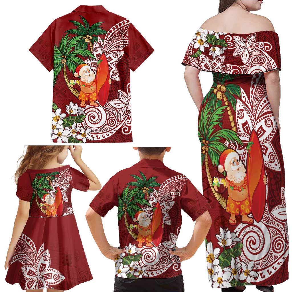 Polynesian Family Matching Off Shoulder Maxi Dress and Hawaiian Shirt Tropical Santa - Plumeria Red Vintage LT7 - Polynesian Pride