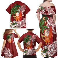 Polynesian Family Matching Off Shoulder Maxi Dress and Hawaiian Shirt Tropical Santa - Plumeria Red Vintage LT7 - Polynesian Pride
