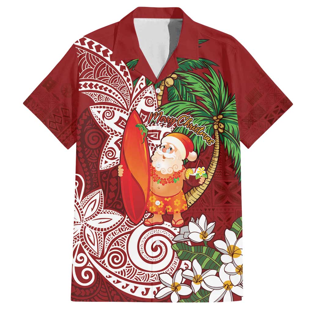 Polynesian Family Matching Off Shoulder Maxi Dress and Hawaiian Shirt Tropical Santa - Plumeria Red Vintage LT7 Dad's Shirt - Short Sleeve Red - Polynesian Pride