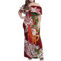 Polynesian Family Matching Off Shoulder Maxi Dress and Hawaiian Shirt Tropical Santa - Plumeria Red Vintage LT7 Mom's Dress Red - Polynesian Pride