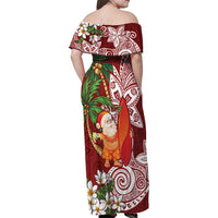 Polynesian Family Matching Off Shoulder Maxi Dress and Hawaiian Shirt Tropical Santa - Plumeria Red Vintage LT7 - Polynesian Pride