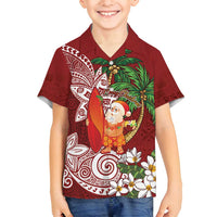 Polynesian Family Matching Off Shoulder Maxi Dress and Hawaiian Shirt Tropical Santa - Plumeria Red Vintage LT7 Son's Shirt Red - Polynesian Pride