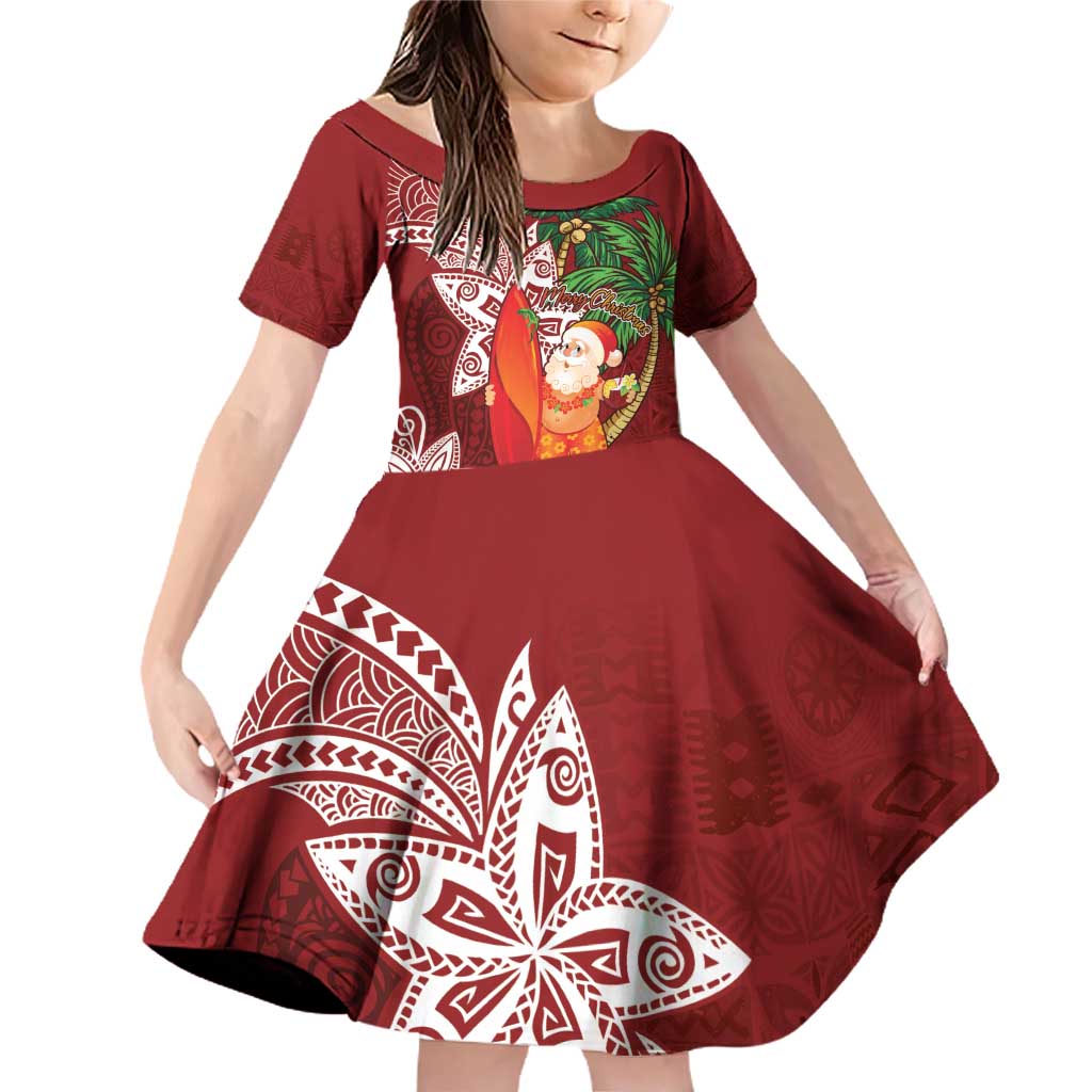 Polynesian Family Matching Off Shoulder Short Dress and Hawaiian Shirt Tropical Santa - Plumeria Red Vintage LT7 Daughter's Dress Red - Polynesian Pride
